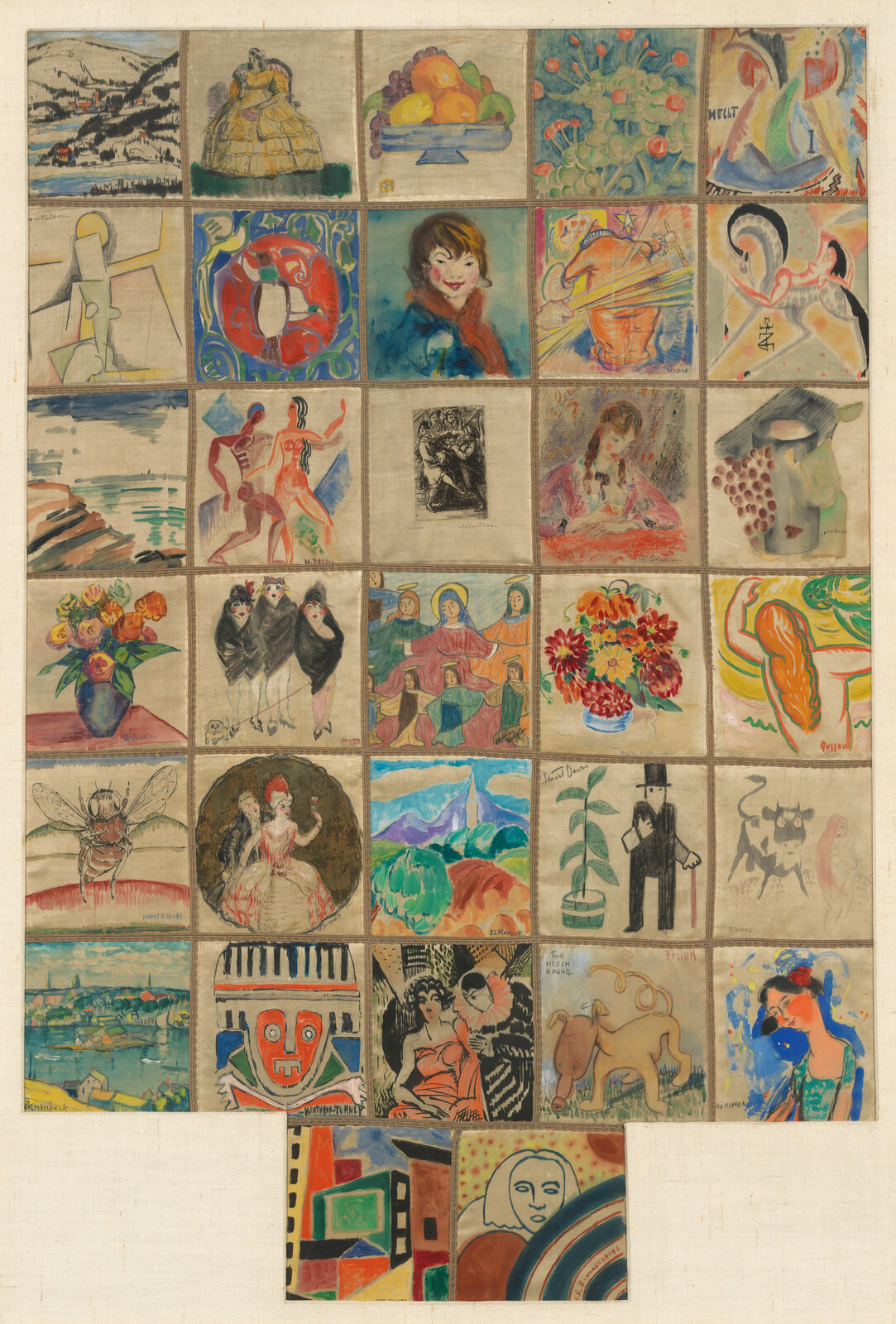 A grid of small colorful paintings and sketches arranged in a patchwork collage.