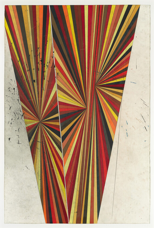 Three tall triangular panels display colorful radial stripes converging into starburst points against a pale background.