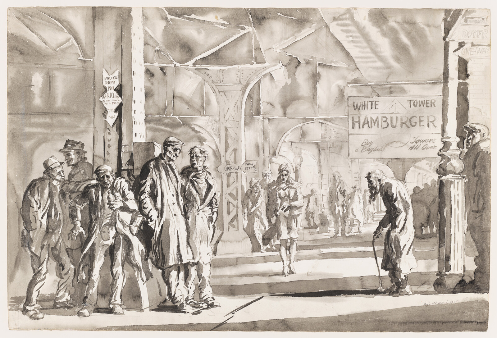 Several men loiter under elevated train tracks while a woman passes and an old man leans on a cane.