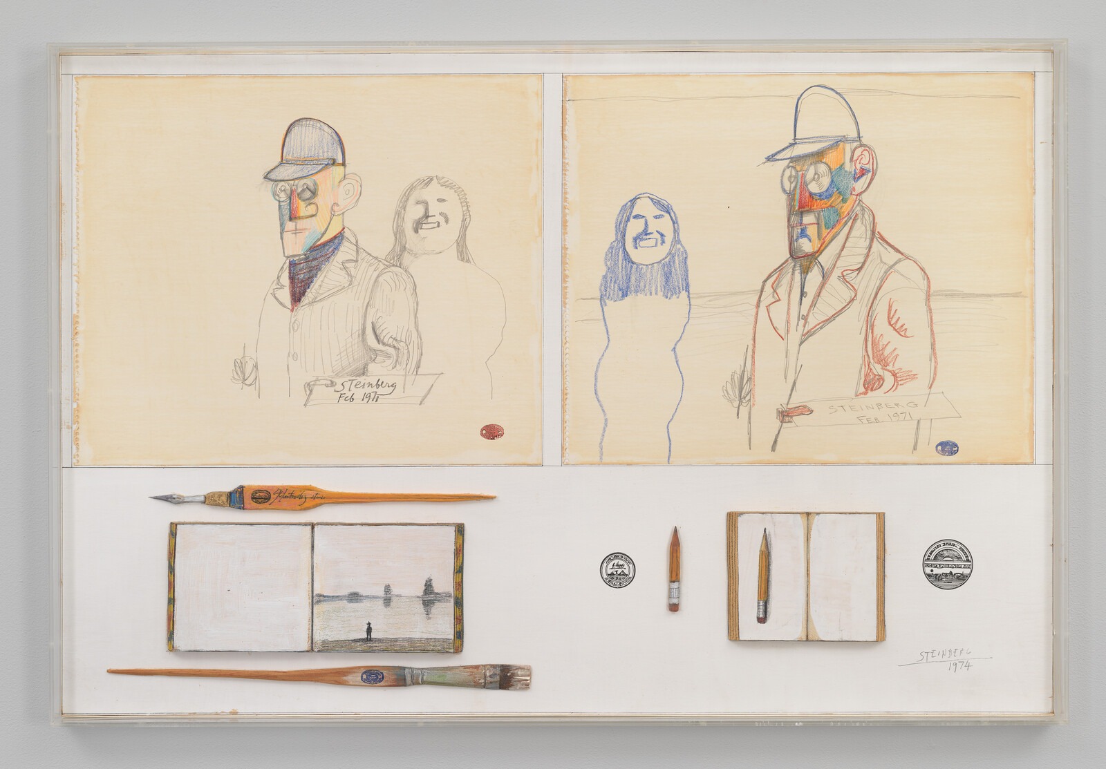 Two colored portrait sketches of men with hats above artist tools and small sketchbooks.