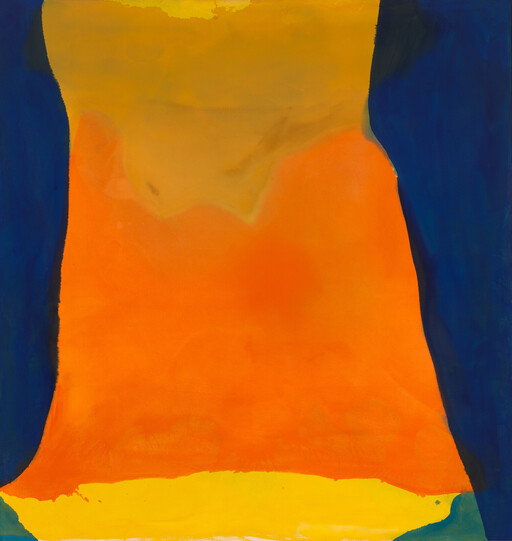 A large abstract orange shape fills the center between deep blue sides with yellow edges.