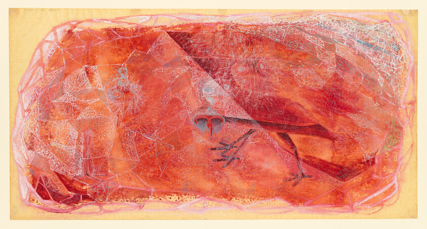 A stylized bird skeleton with a long beak and claws appears layered within red-orange textures.