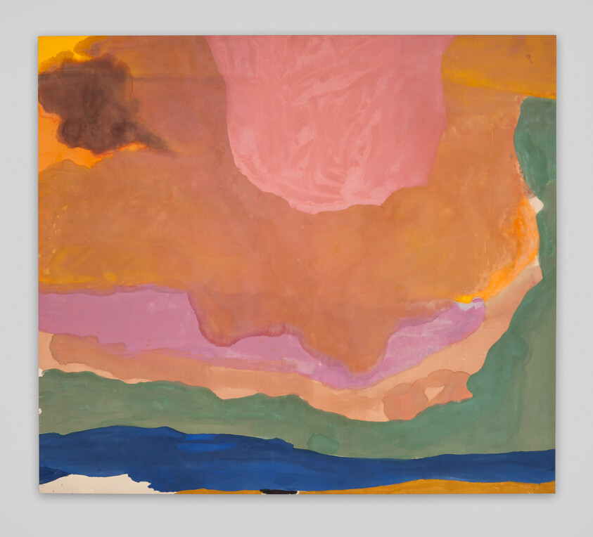 Large abstract painting with layered shapes in pink, orange, green, and blue, resembling a colorful landscape.