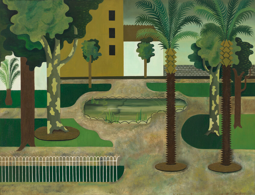 A stylized painting depicting a serene garden scene with various trees, including palm trees, and a small pond surrounded by a low fence. The background features a yellow building with windows, and the overall color palette consists of earthy greens, browns, and yellows. The artwork has a flat, two-dimensional quality with a focus on patterns and shapes rather than realistic details.