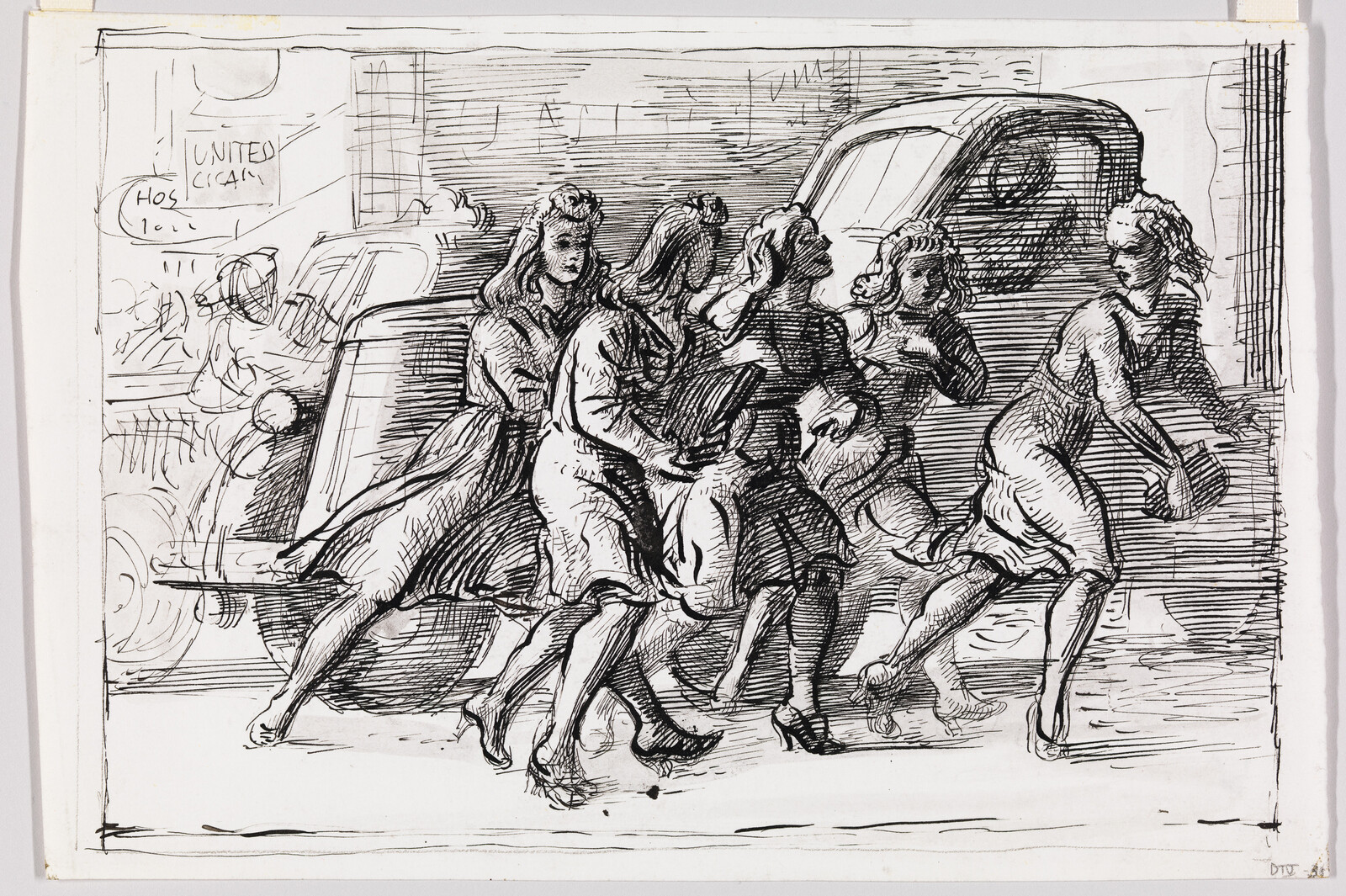 Five women hurry along a street beside a parked car, one holding a hat.