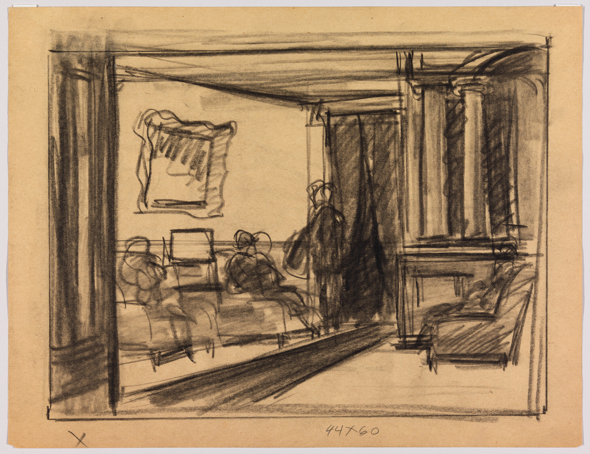 Charcoal sketch of a dim room with seated people on a bench and a standing figure.