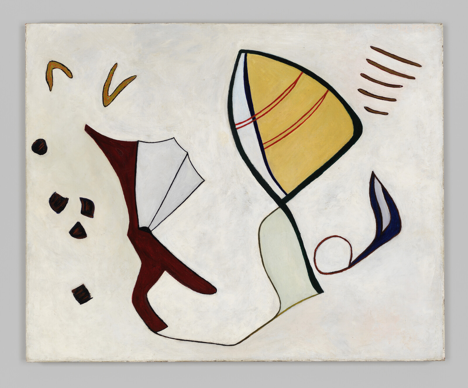 Abstract shapes in yellow, brown, and blue are arranged on a white background with curved and straight lines.