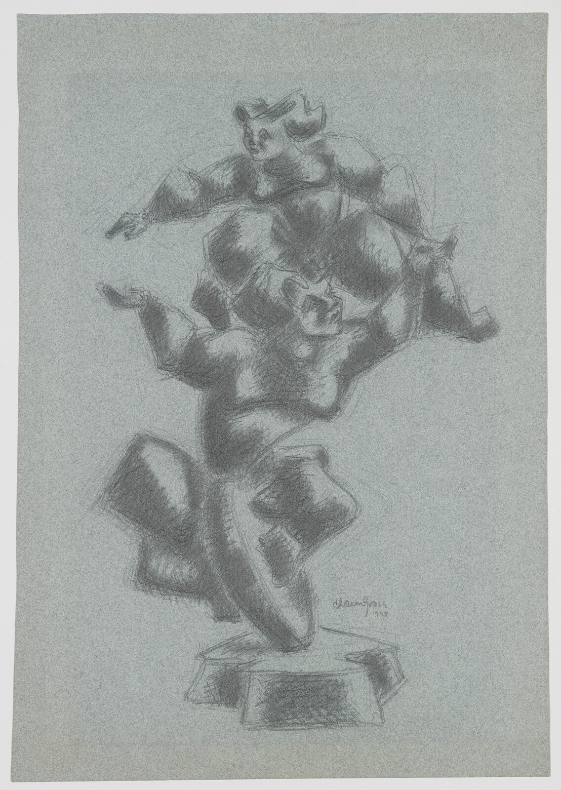 Three abstract, rounded figures balance in a stacked, dancing pose on a pedestal.