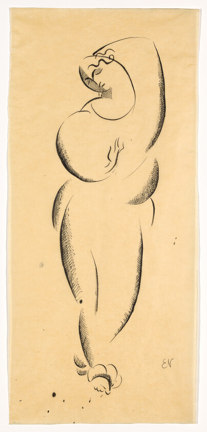 Stylized ink drawing of a curvy nude woman standing with arms raised above her head.
