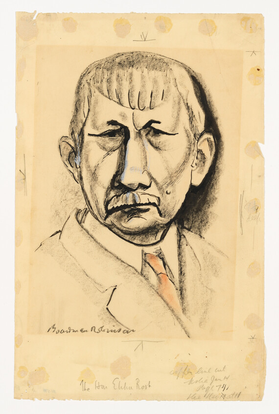 A charcoal portrait of an older man with a mustache wearing a suit and tie.