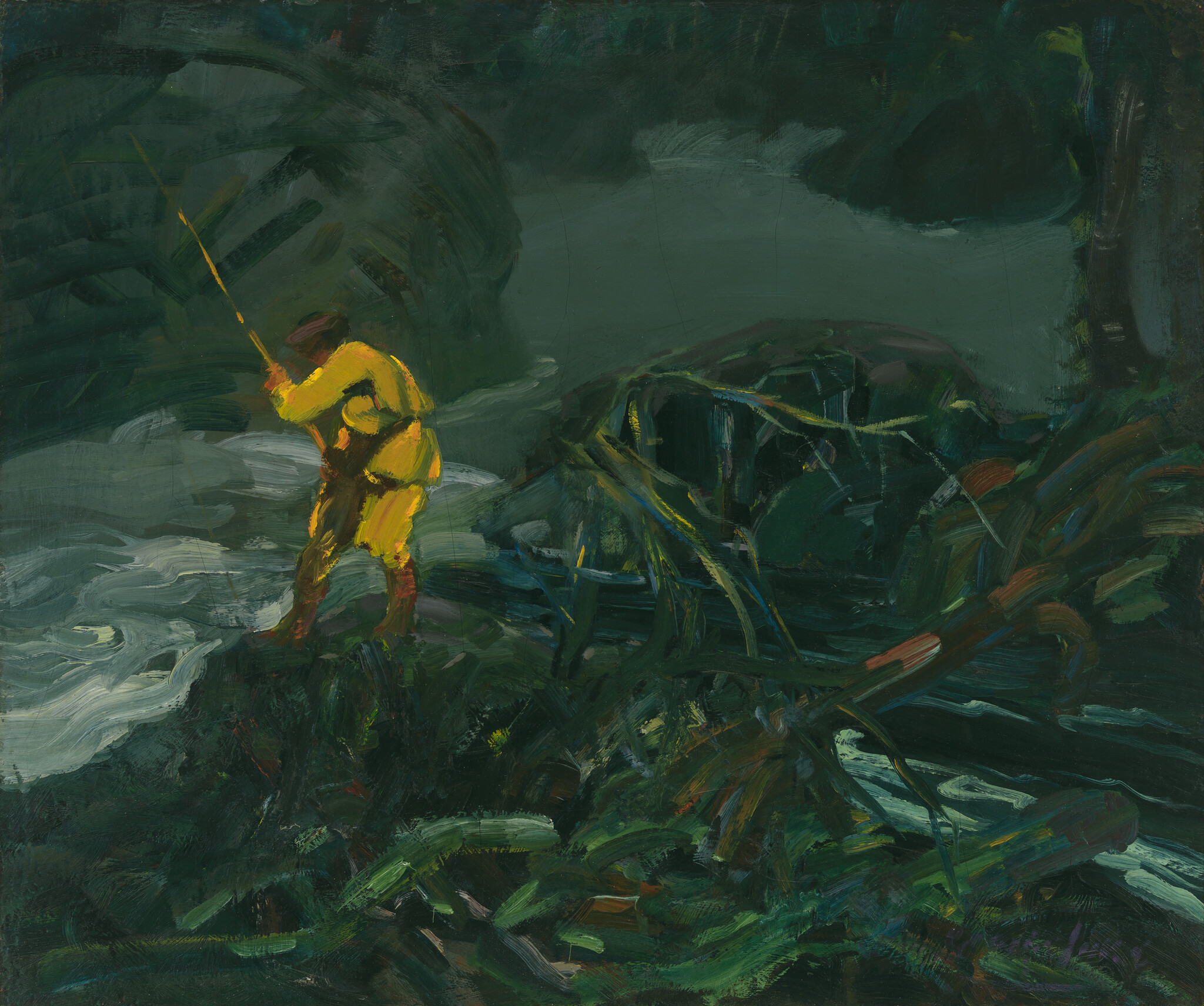 A person in a yellow coat stands on rocks fishing with a long rod beside dark, swirling water.