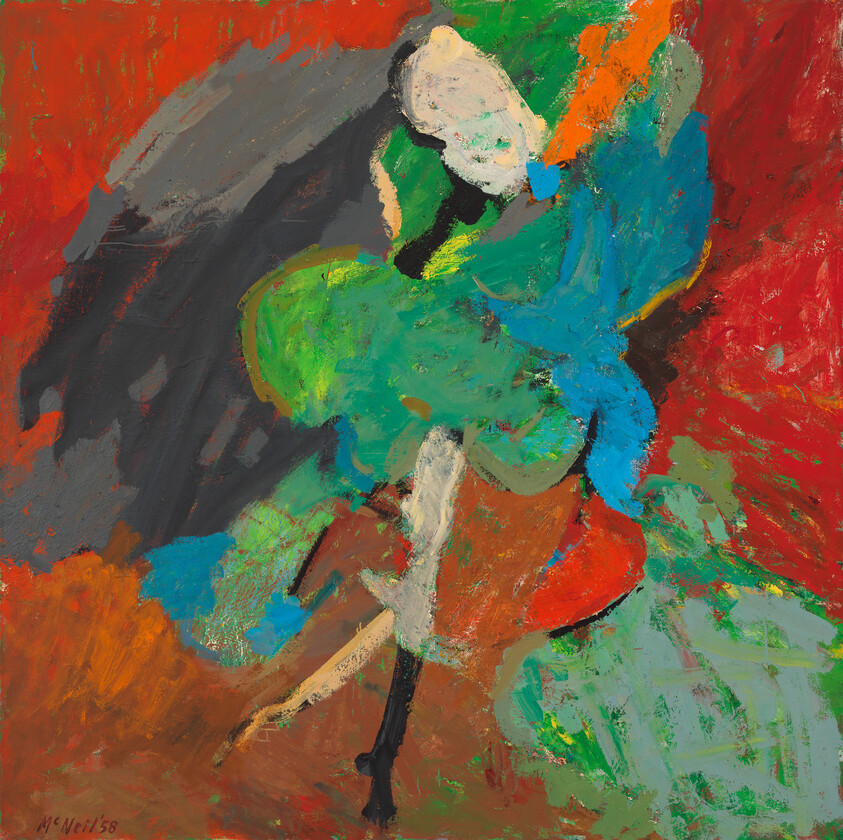 A dancer in a bright green and blue dress twisting against a vivid red background.