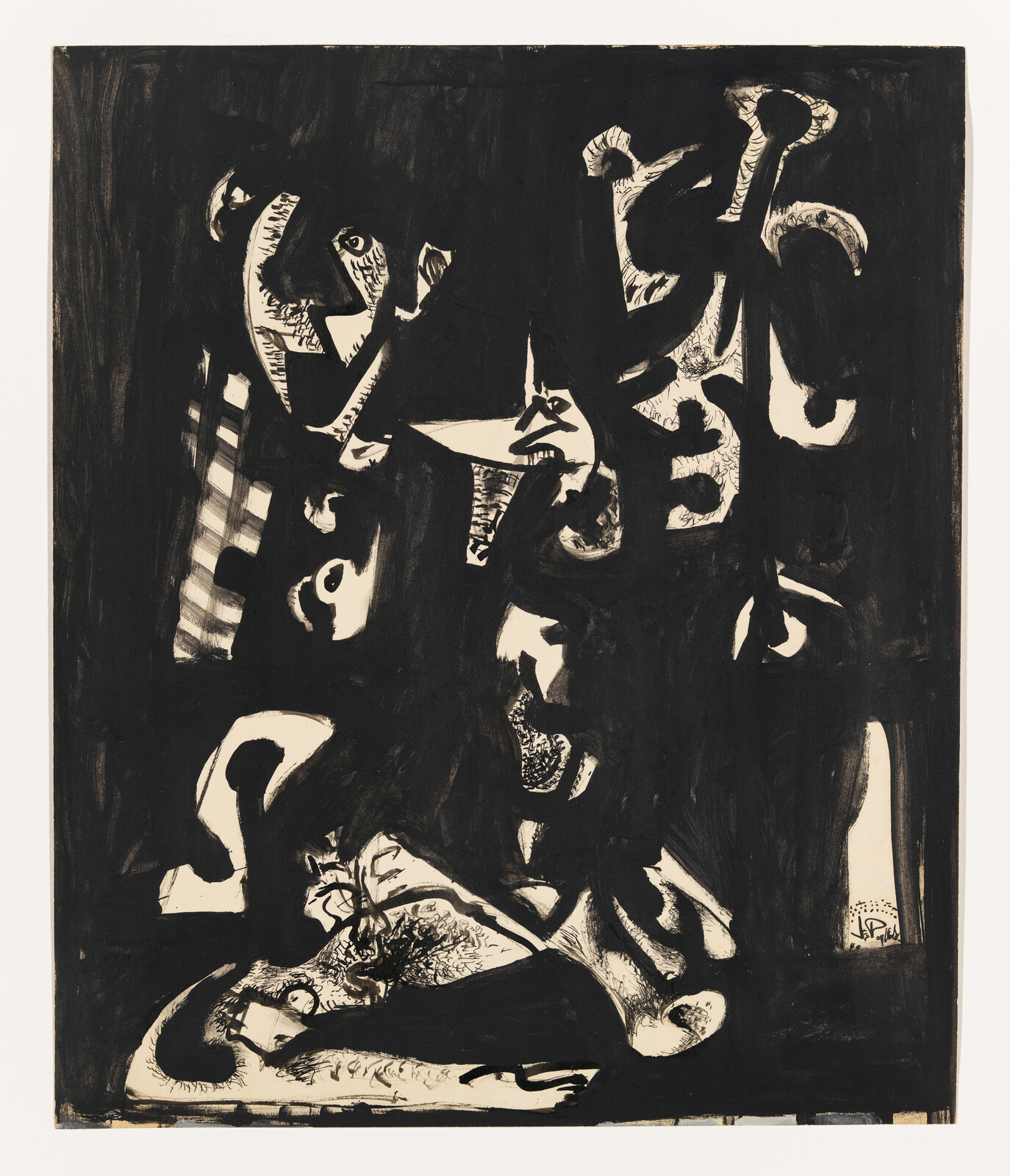 Abstract black-and-white painting showing fragmented faces and a reclining figure amid bold brushstrokes.