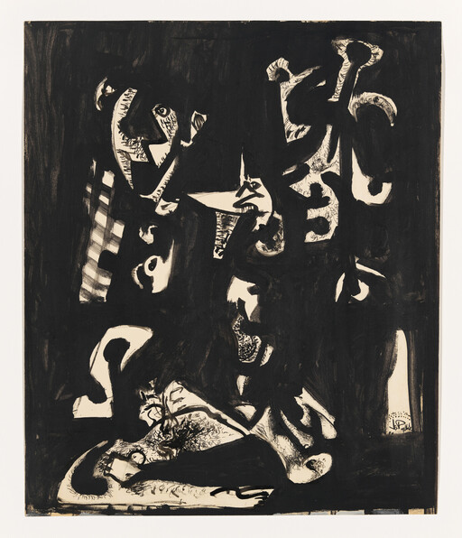 Abstract black-and-white painting showing fragmented faces and a reclining figure amid bold brushstrokes.