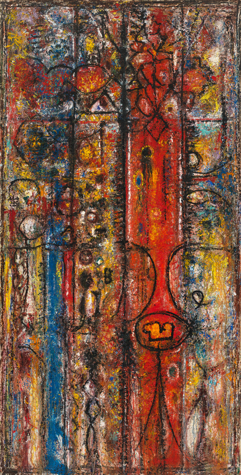 Tall red vertical figure-like shape with circular symbols amid dense colorful abstract marks.