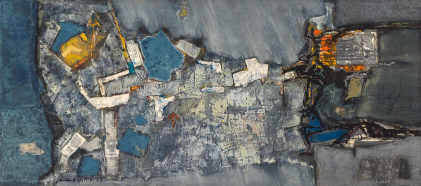 Abstract textured landscape with blue and gray blocks, scattered yellow-orange accents and layered brushstrokes.