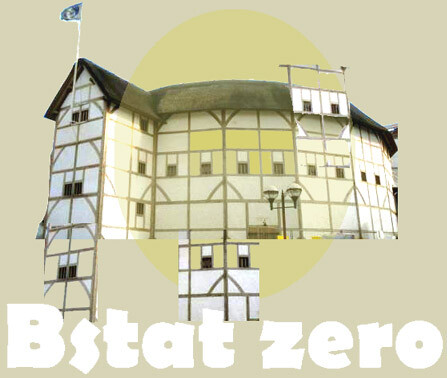 Round timber-framed theater building with a flag and the text "Bstat zero" below.