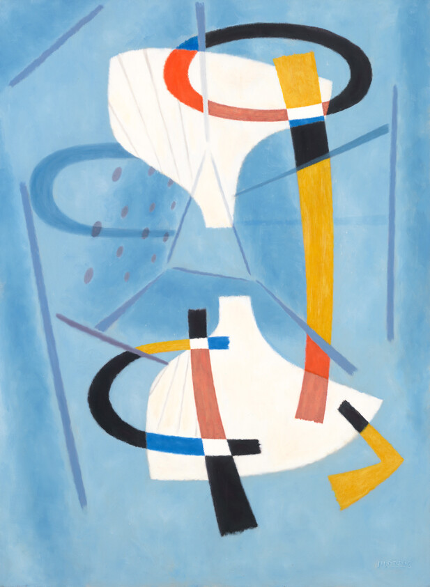 Two white abstract shapes with colorful arcs and bands floating on a soft blue background.