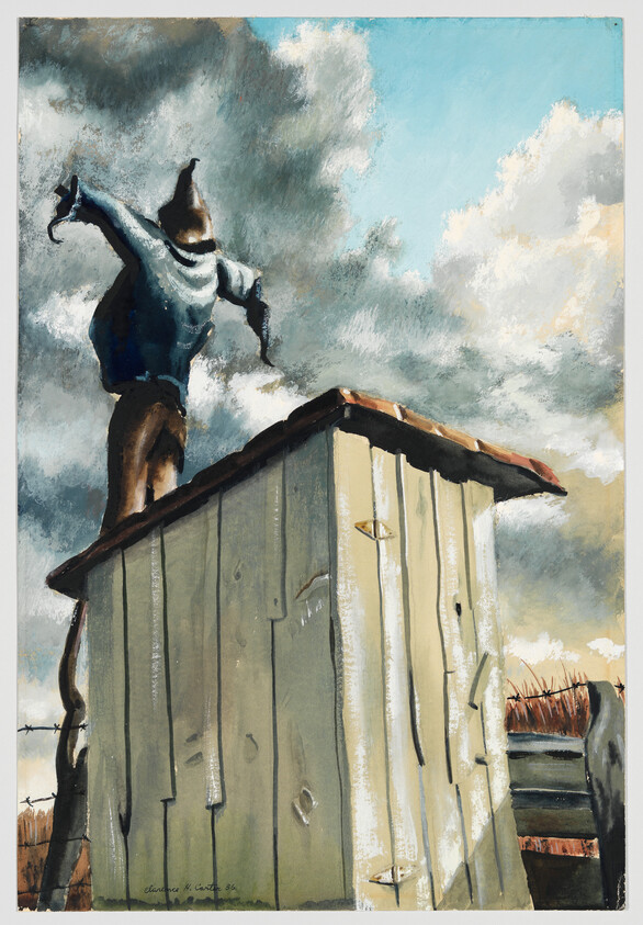 A ragged scarecrow stands on a weathered wooden shed roof beneath a dramatic cloudy sky.
