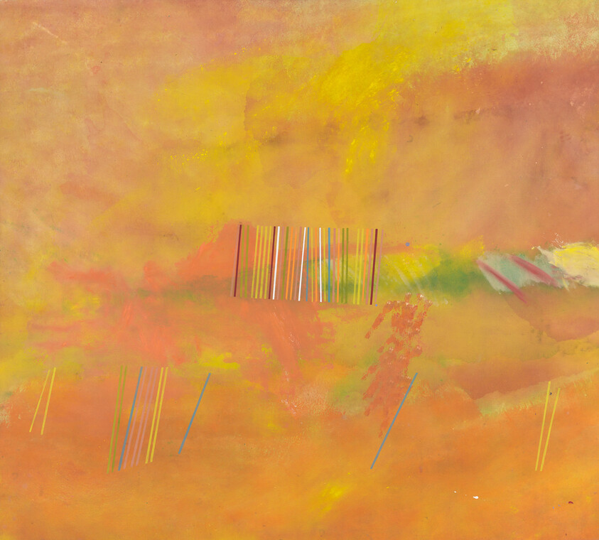 A vibrant abstract painting with a warm palette of yellows, oranges, and reds, featuring a central barcode-like pattern with multicolored vertical lines and scattered streaks of paint throughout.