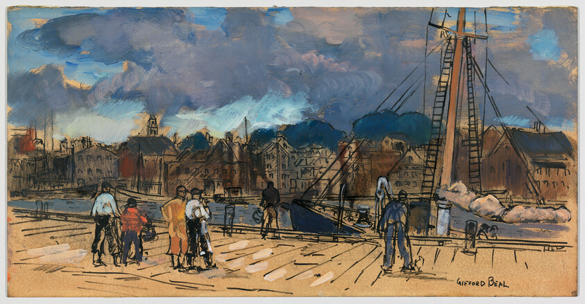 A small group of people stand on a wooden dock beside a moored sailing ship under cloudy sky.