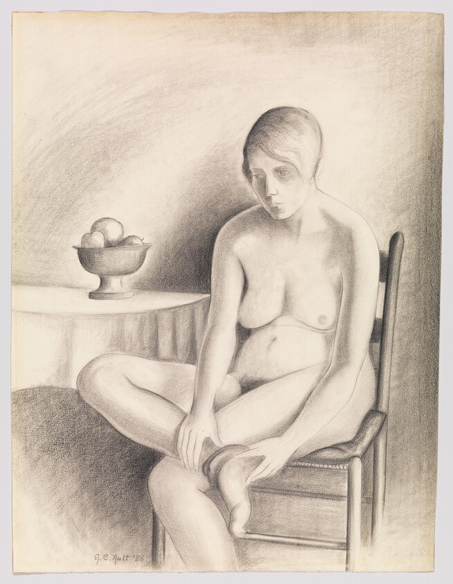 Nude woman seated on a chair adjusts her foot while a bowl of fruit sits nearby.