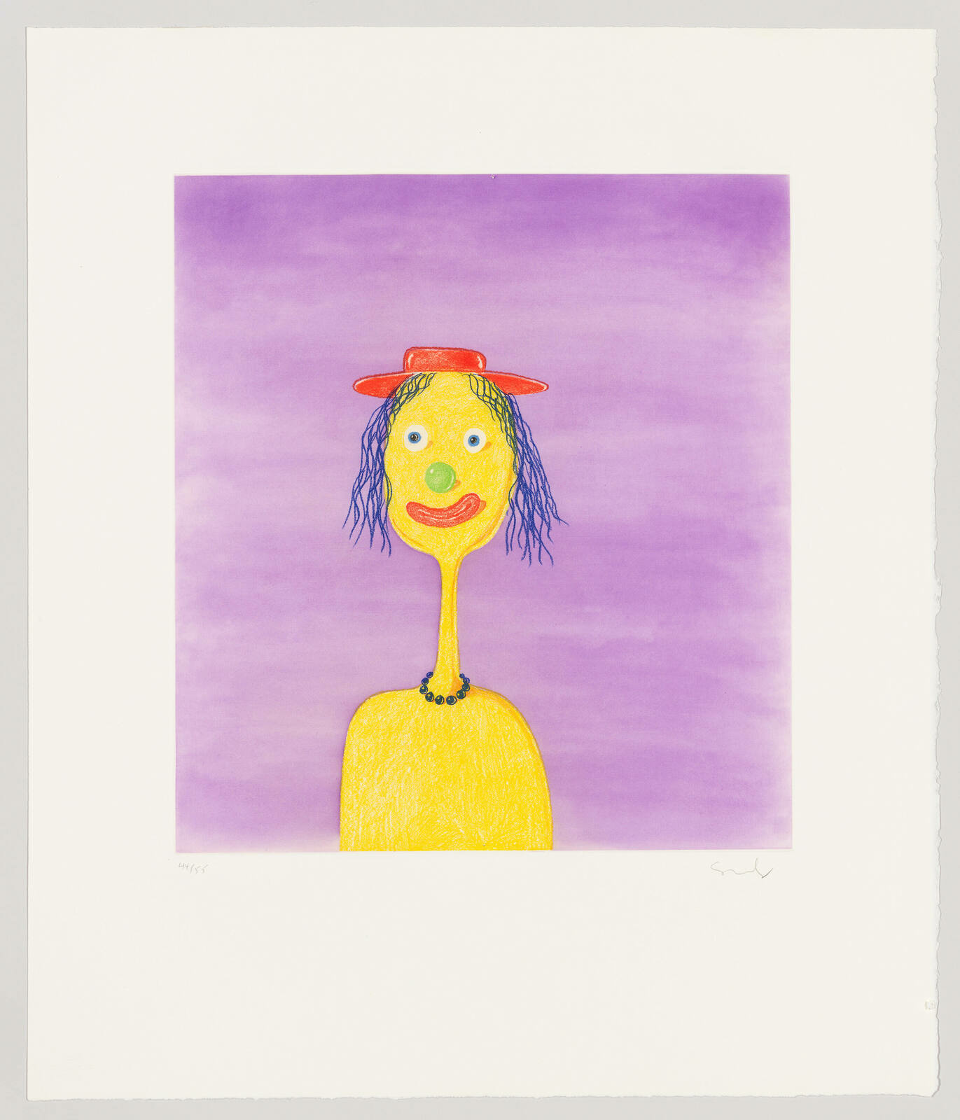 A whimsical drawing of a character with a long yellow neck, blue hair, and a red hat against a purple background. The character has a simplistic face with large blue eyes, a red smiling mouth, and a blue beaded necklace. The artwork has a playful and childlike quality.