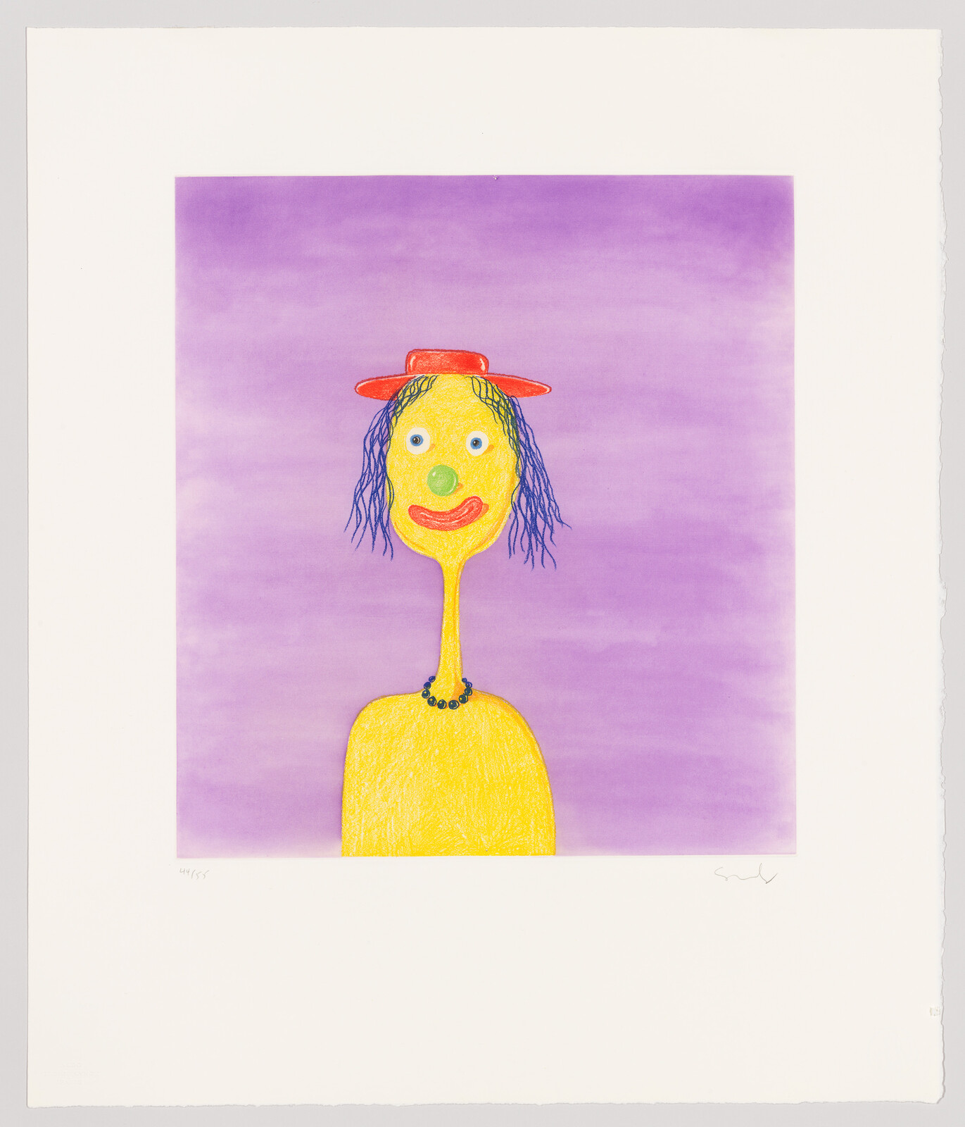 A tall yellow figure with a red hat, blue hair, and green nose against a purple background.