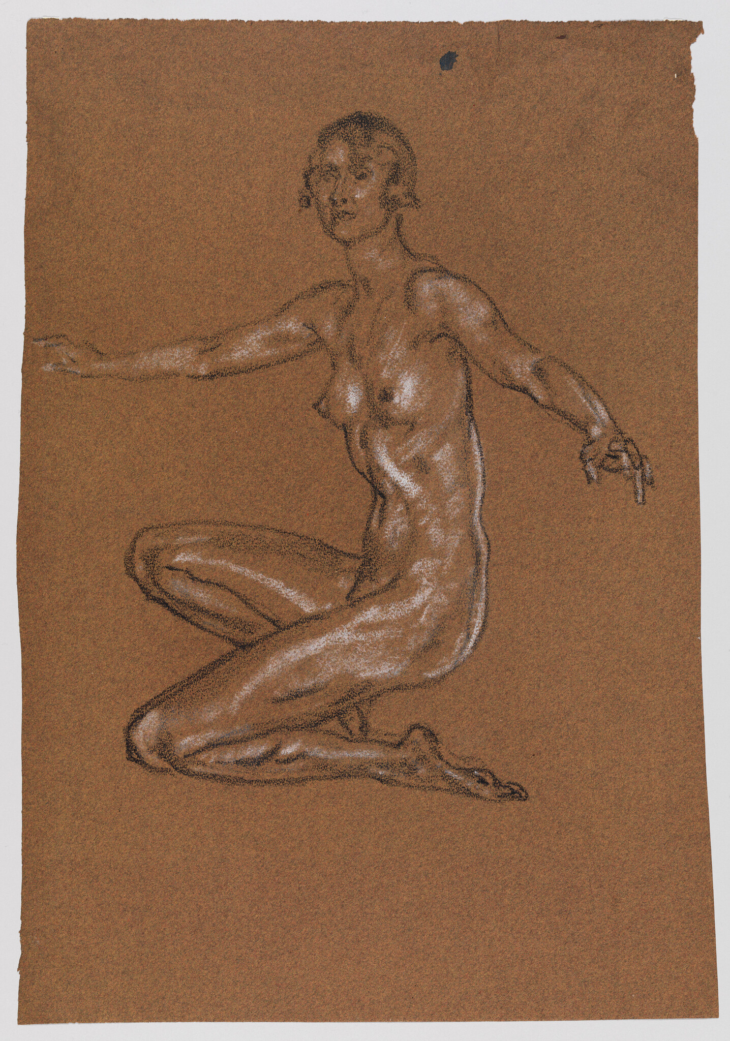 Kneeling nude female figure drawn in charcoal and white chalk with arms extended.