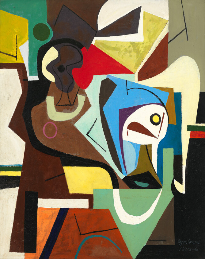 Abstract colorful composition with geometric shapes suggesting a figure and a bird-like form.