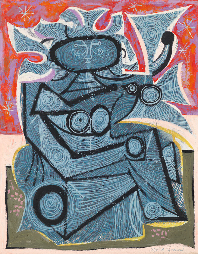 Abstract blue seated figure with swirling lines and geometric shapes against a red background.