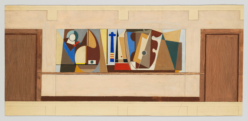 Abstract geometric mural with musical instrument shapes centered on a beige interior wall between two wooden doors.