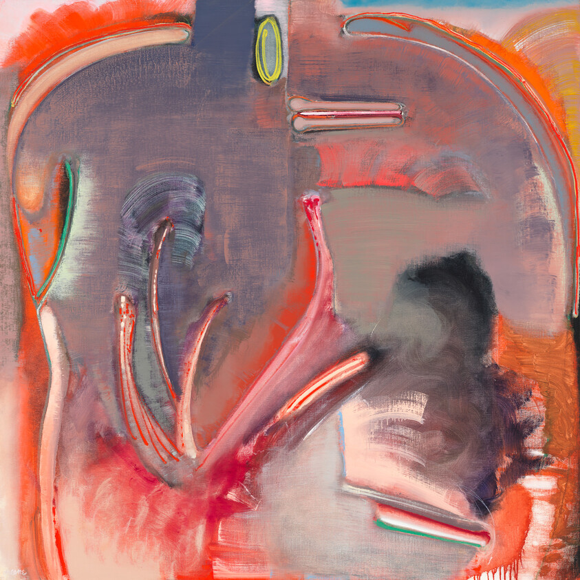 Abstract painting showing flowing red and gray shapes with curved, organic brushstrokes and bright accents.