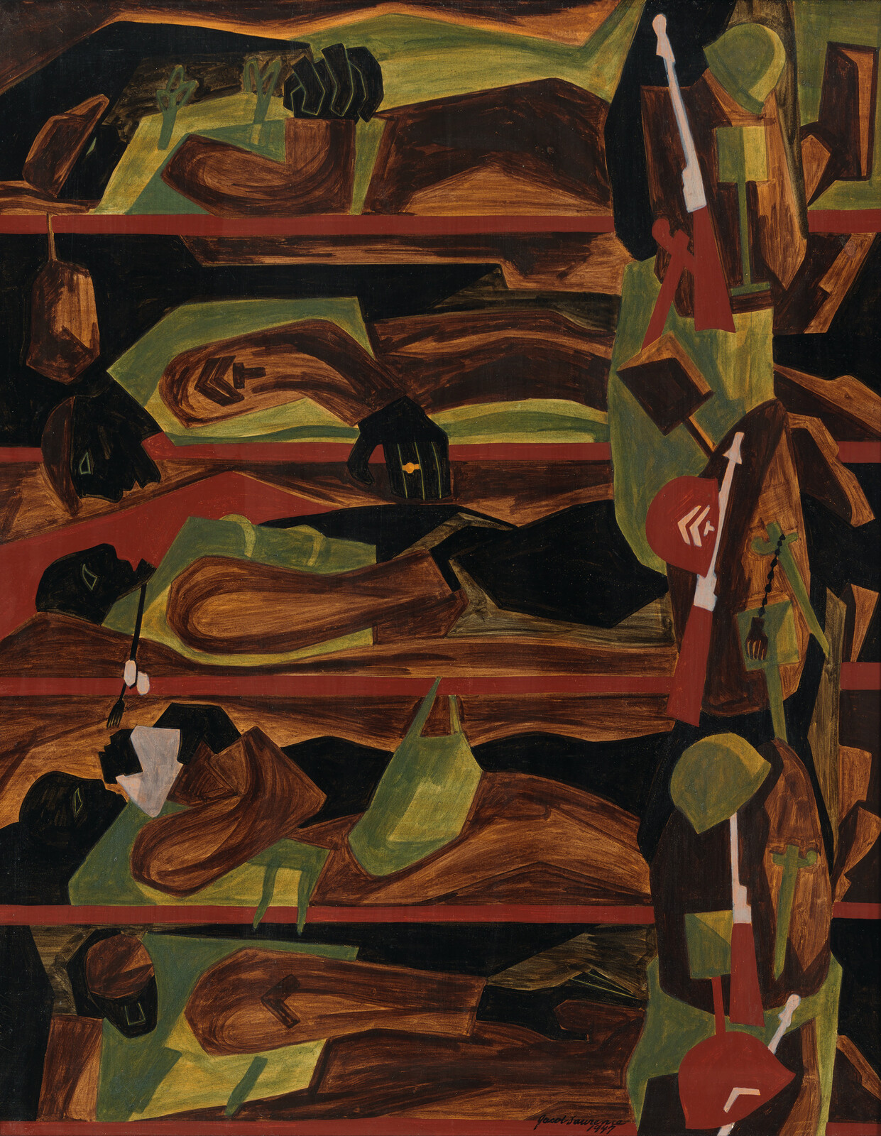 Abstract painting of soldiers resting in bunk beds, with rifles and helmets nearby.