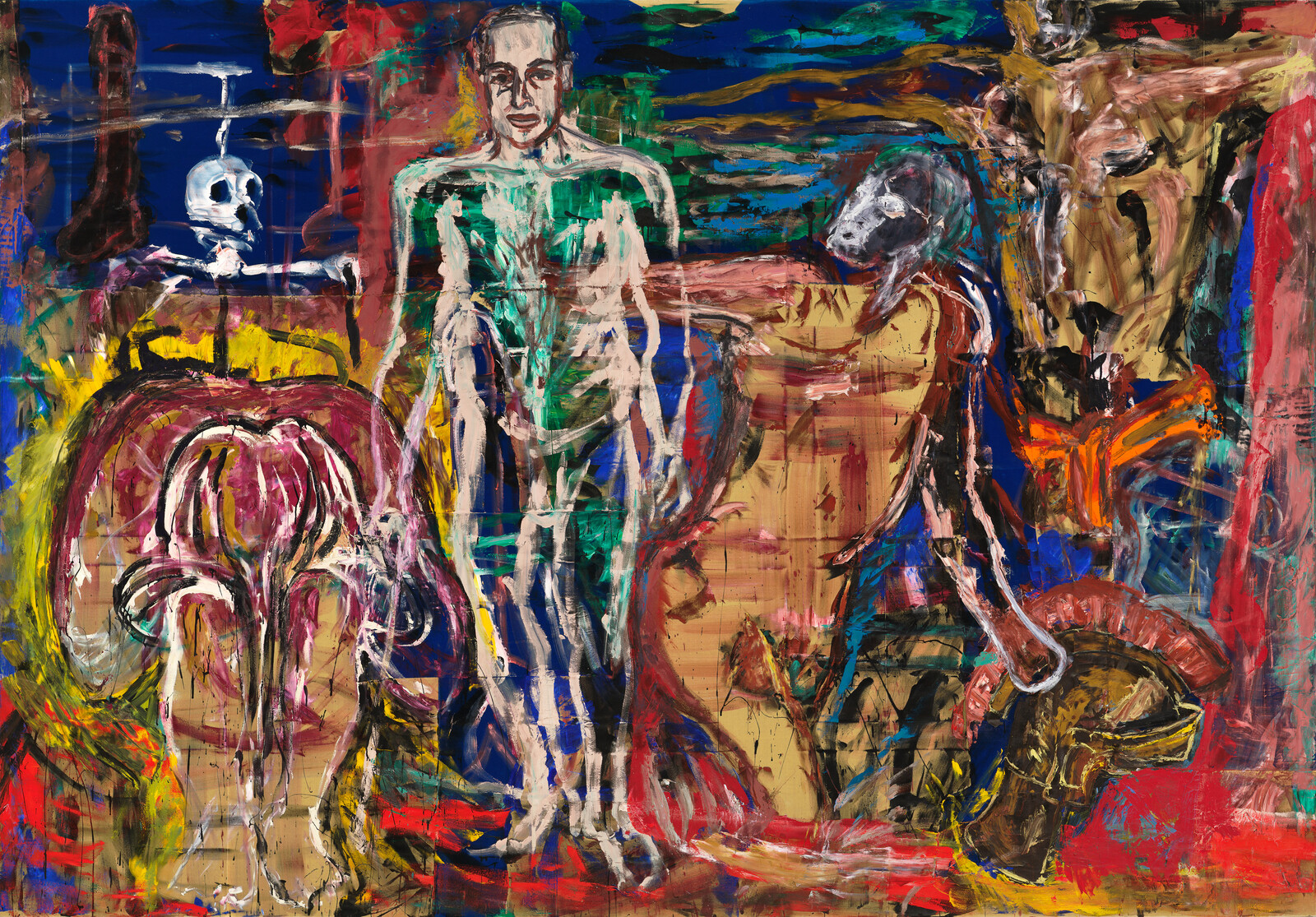 A pale green human figure stands among distorted animals, skull, and a fallen helmet in colorful chaos.