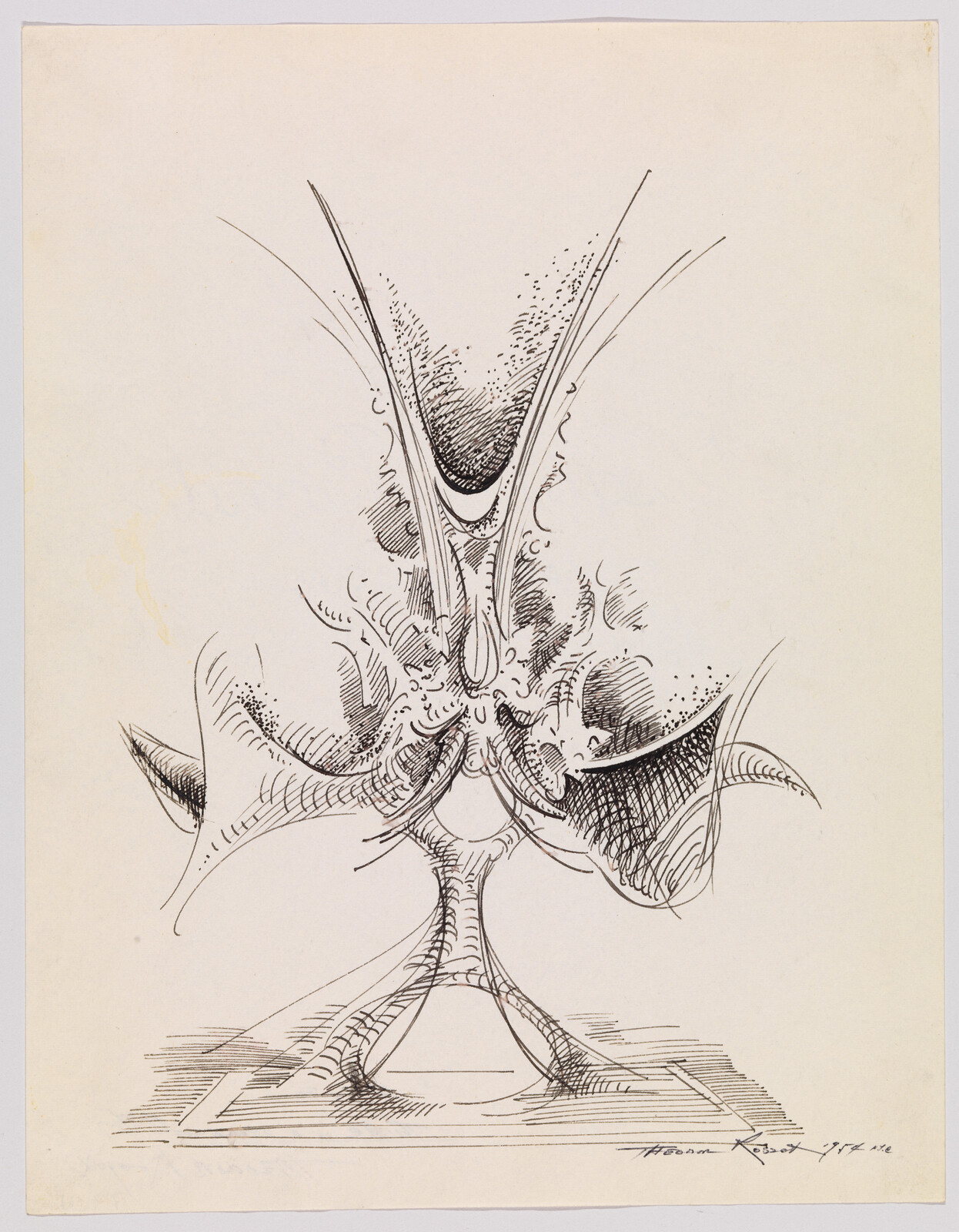 An abstract symmetrical ink drawing resembling a branching vase or organic treeform on paper.