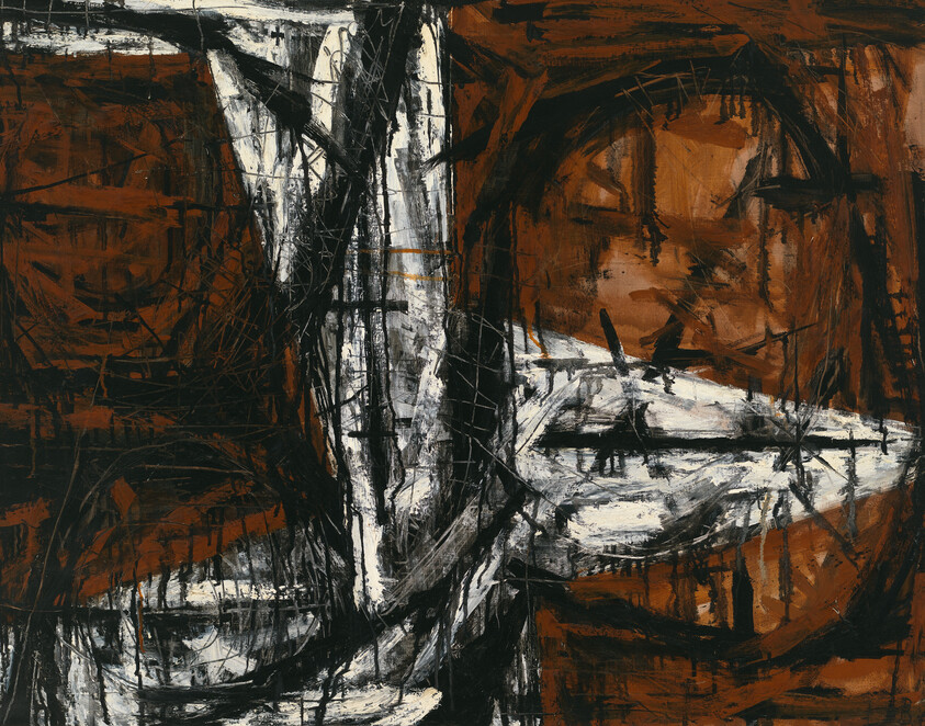 Abstract painting with bold black and white brushstrokes crossing a rust-brown background and a faint face.