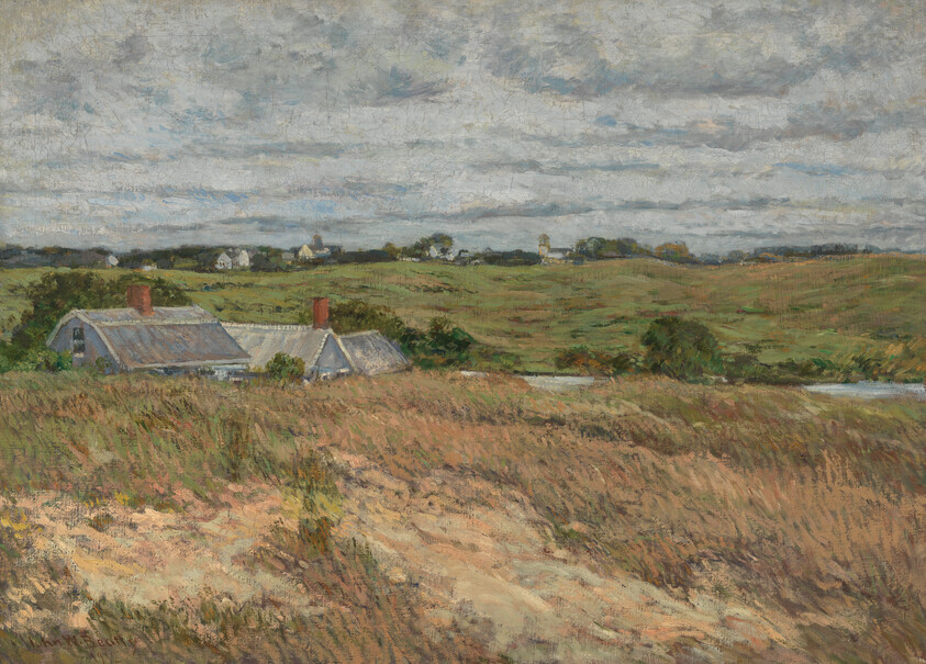 Two small cottages with red chimneys sit among grassy dunes under a wide cloudy sky.