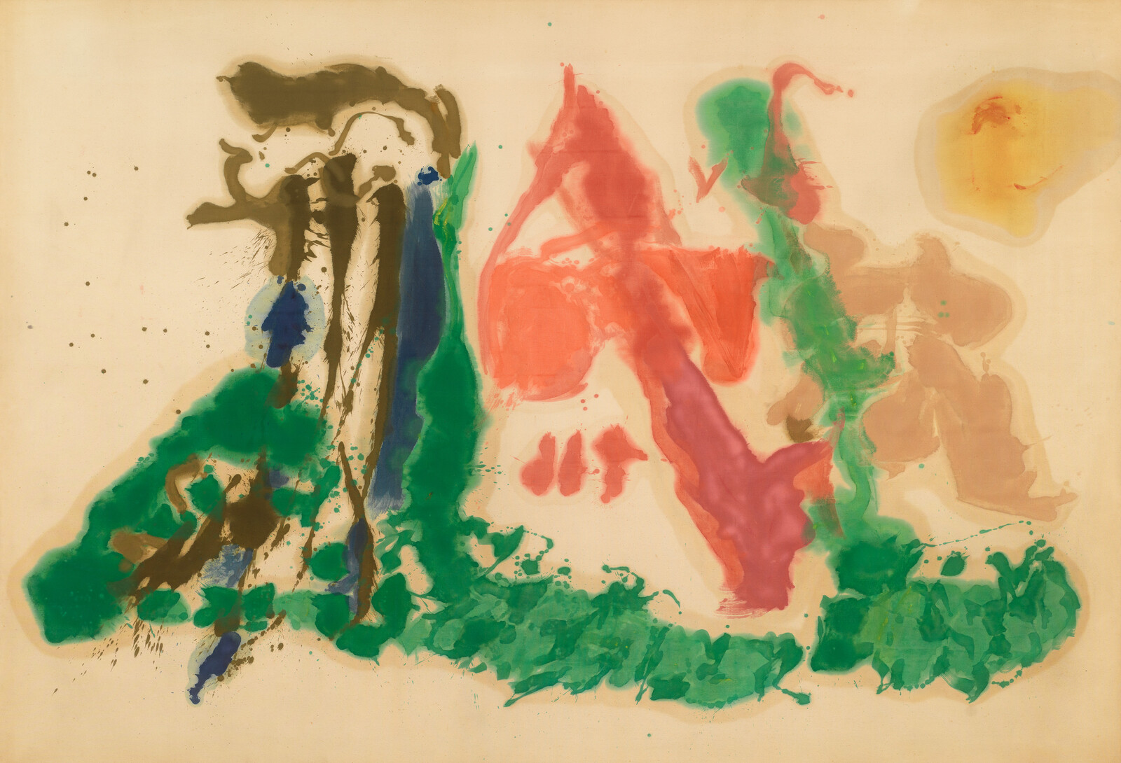 Abstract watercolor with broad green, red, and brown washes forming organic shapes across a beige background.