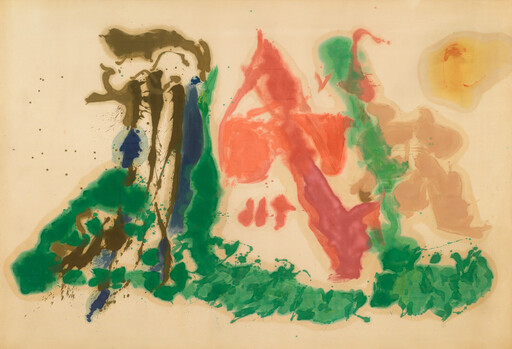Abstract watercolor with broad green, red, and brown washes forming organic shapes across a beige background.