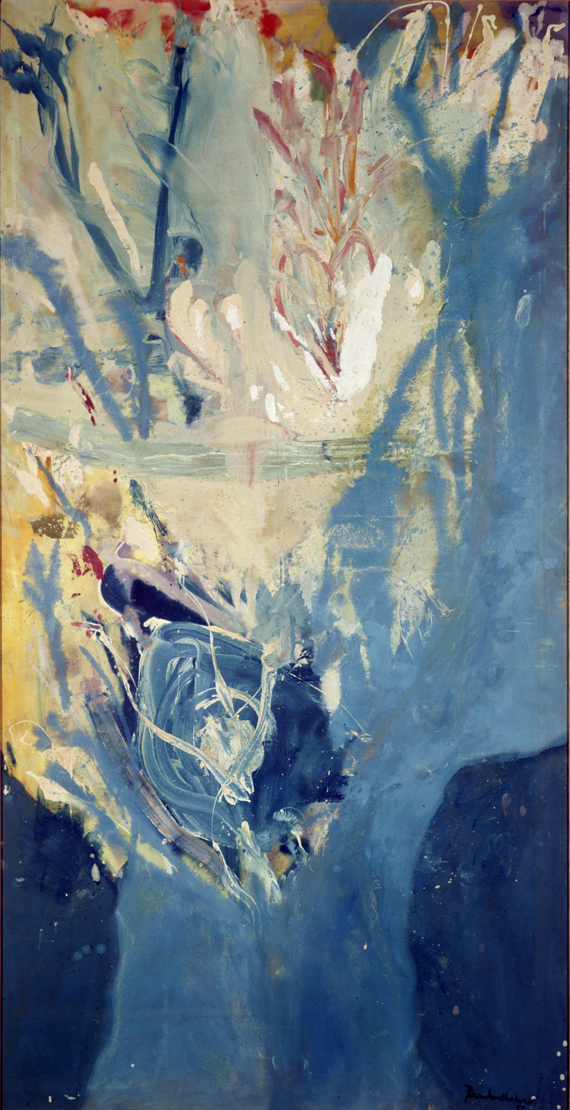 Abstract painting with swirling blue, white, and red brushstrokes, creating a dynamic, fluid composition with hints of yellow and orange.