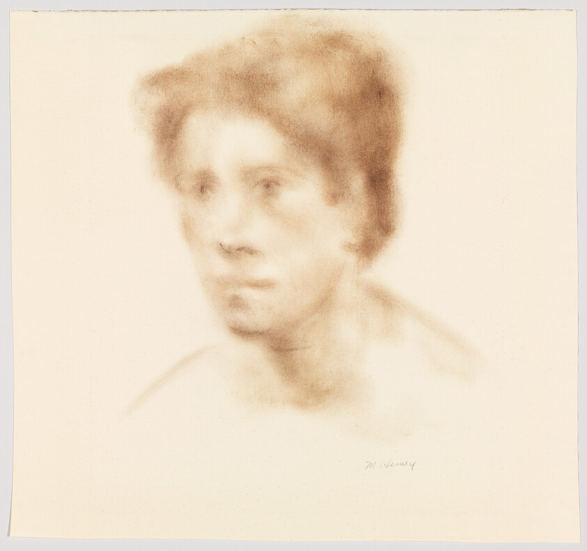 A soft, blurred sepia portrait of a young person looking slightly to the left.