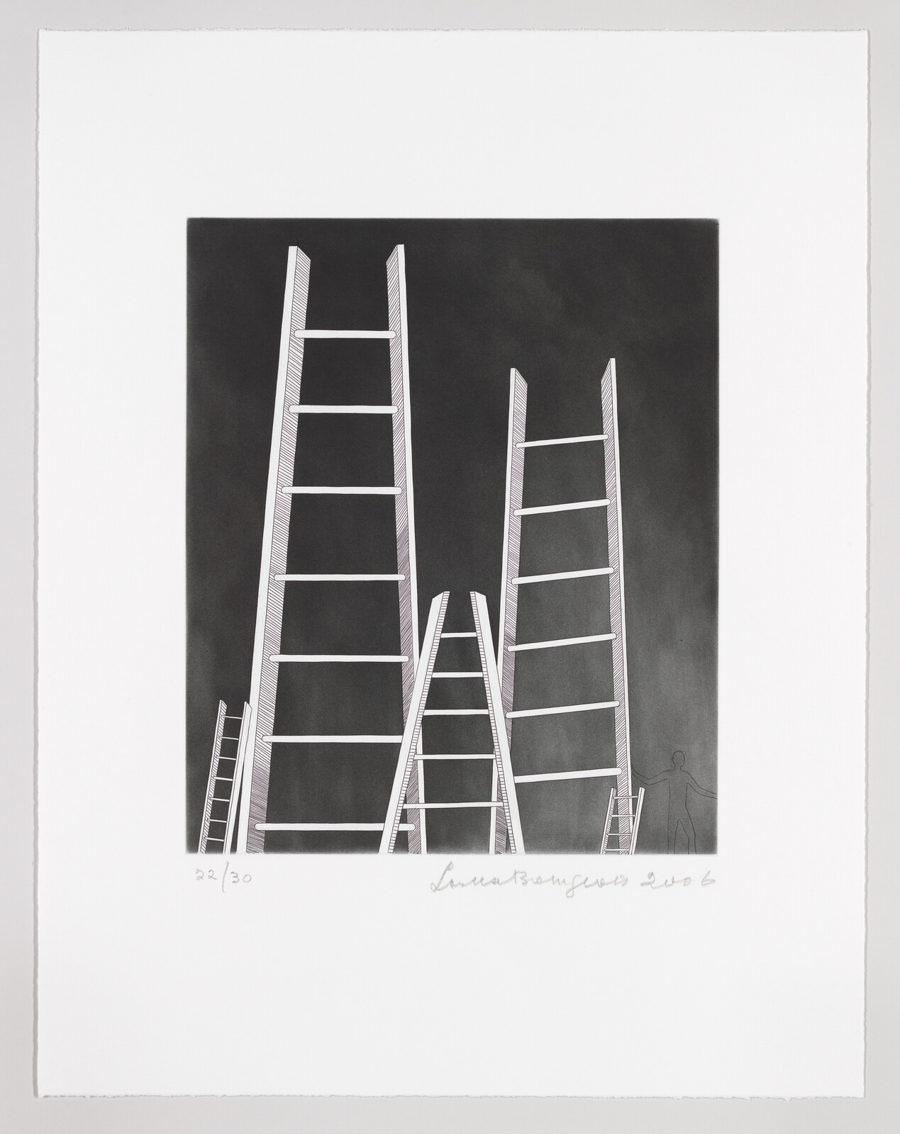 Several tall white ladders stand against a dark background with a small figure nearby.