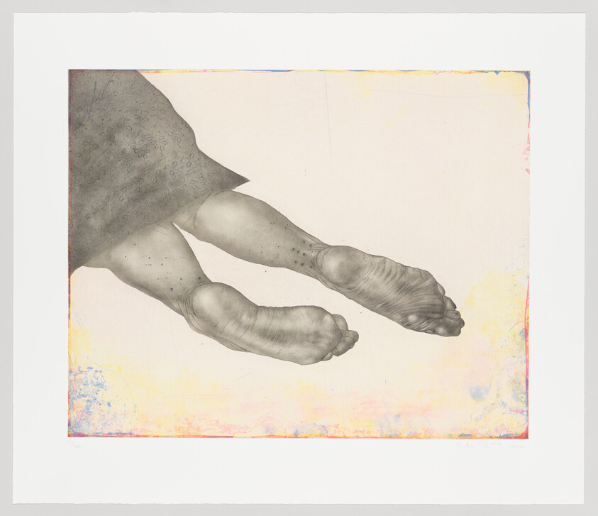 A pair of bare legs and feet dangling as if seated or suspended, skirt visible.