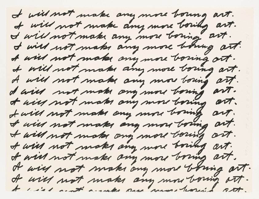 Repeated handwritten lines saying "I will not make any more boring art" across the page.