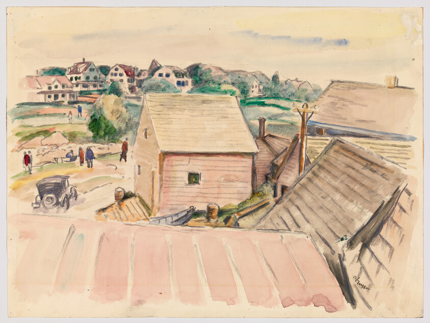 Roofs and wooden buildings overlook a small coastal village where people walk and a car is parked.