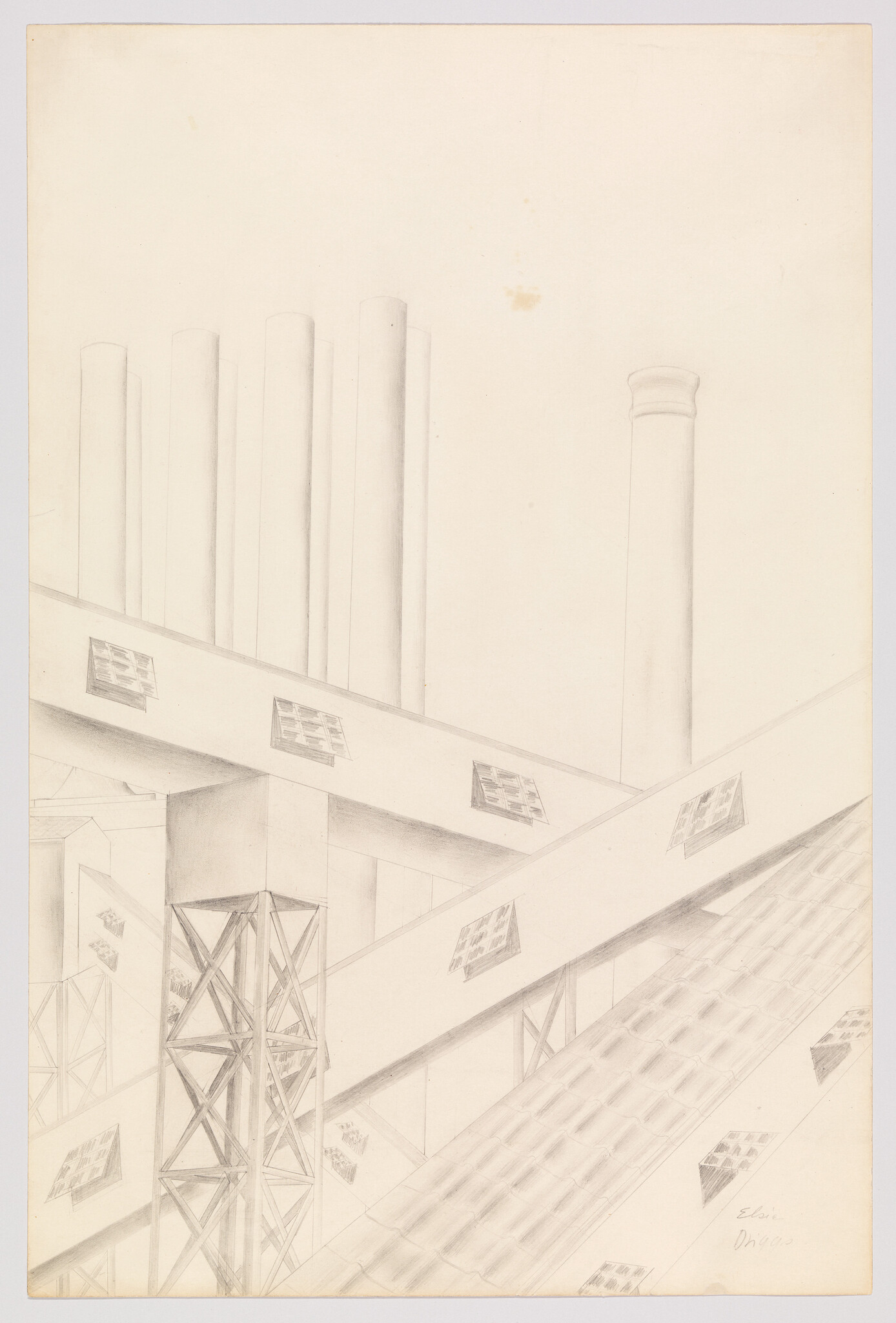 Tall chimneys and angled industrial beams with grated platforms in a minimalist pencil drawing.