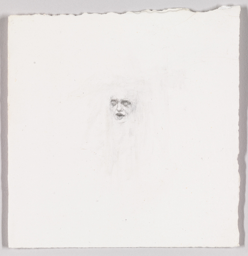 A faint pencil sketch of a face centered on a textured white paper with rough edges. The drawing is minimalist, with light shading and details that give the impression of a ghostly visage emerging from the blank space.