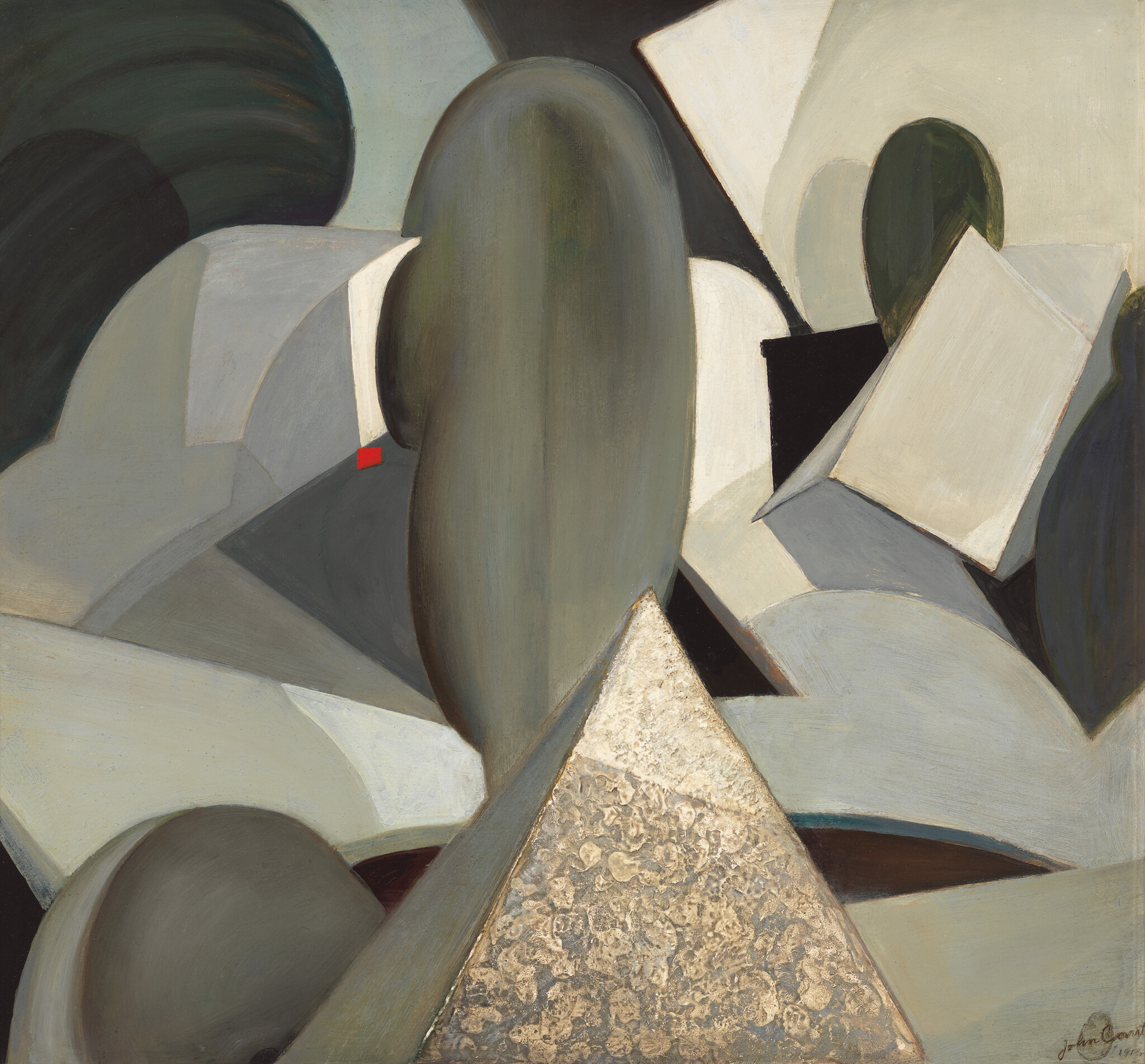 Large muted geometric shapes and a textured pyramid form create an abstract composition.