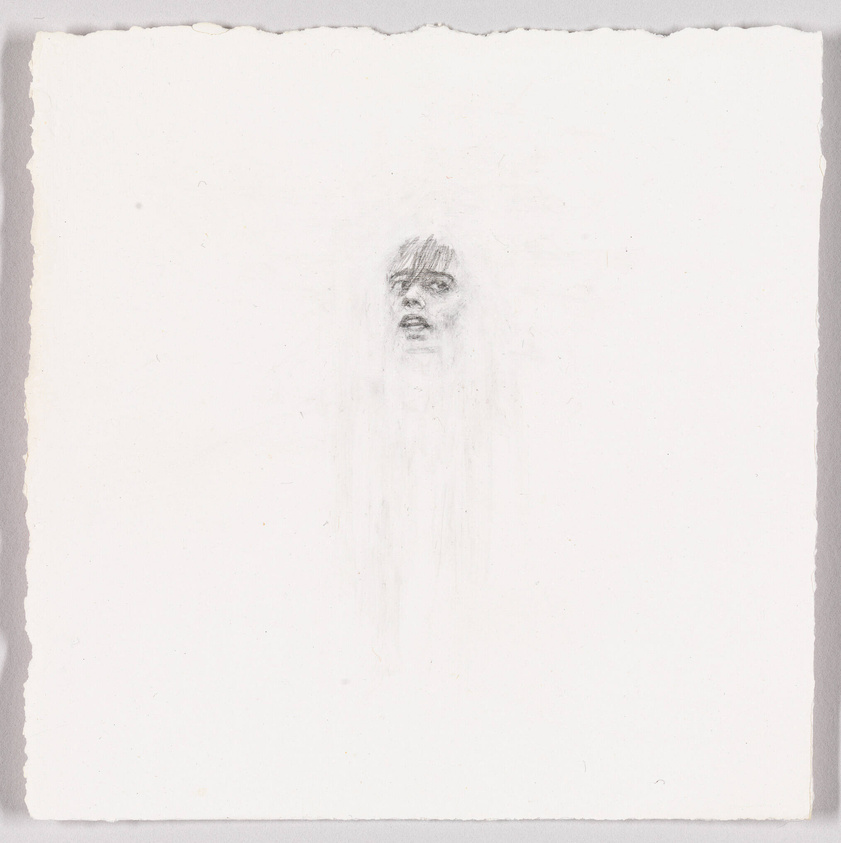 A faint pencil sketch of a person's face with a haunting expression, centered on a textured white paper with rough edges. The features are lightly detailed, giving the appearance of a ghostly visage emerging from the page.